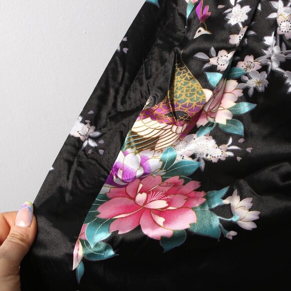 Satin Kimono Floral Japanese Style Dress Flower Peacock Belt Black Pink Blue NEW - Picture 9 of 14